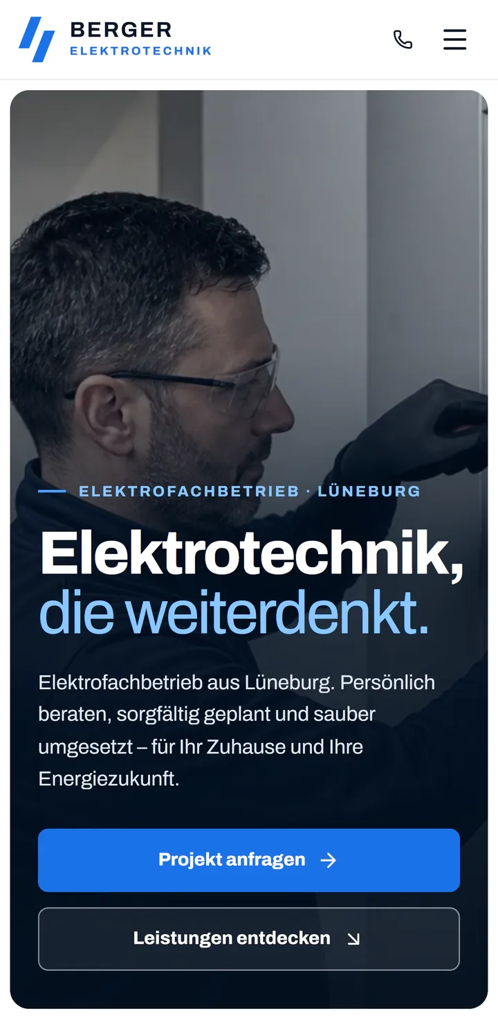 Mobile Startseite des Designbeispiels Berger Elektrotechnik
