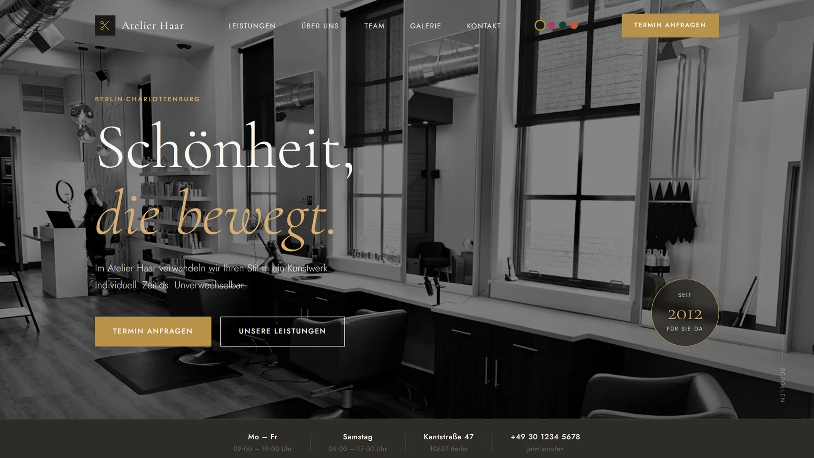 Desktop-Startseite des Designbeispiels Atelier Haar