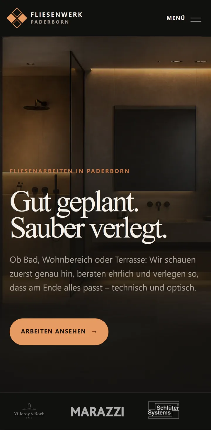 Mobile Startseite des Designbeispiels Fliesenwerk Paderborn