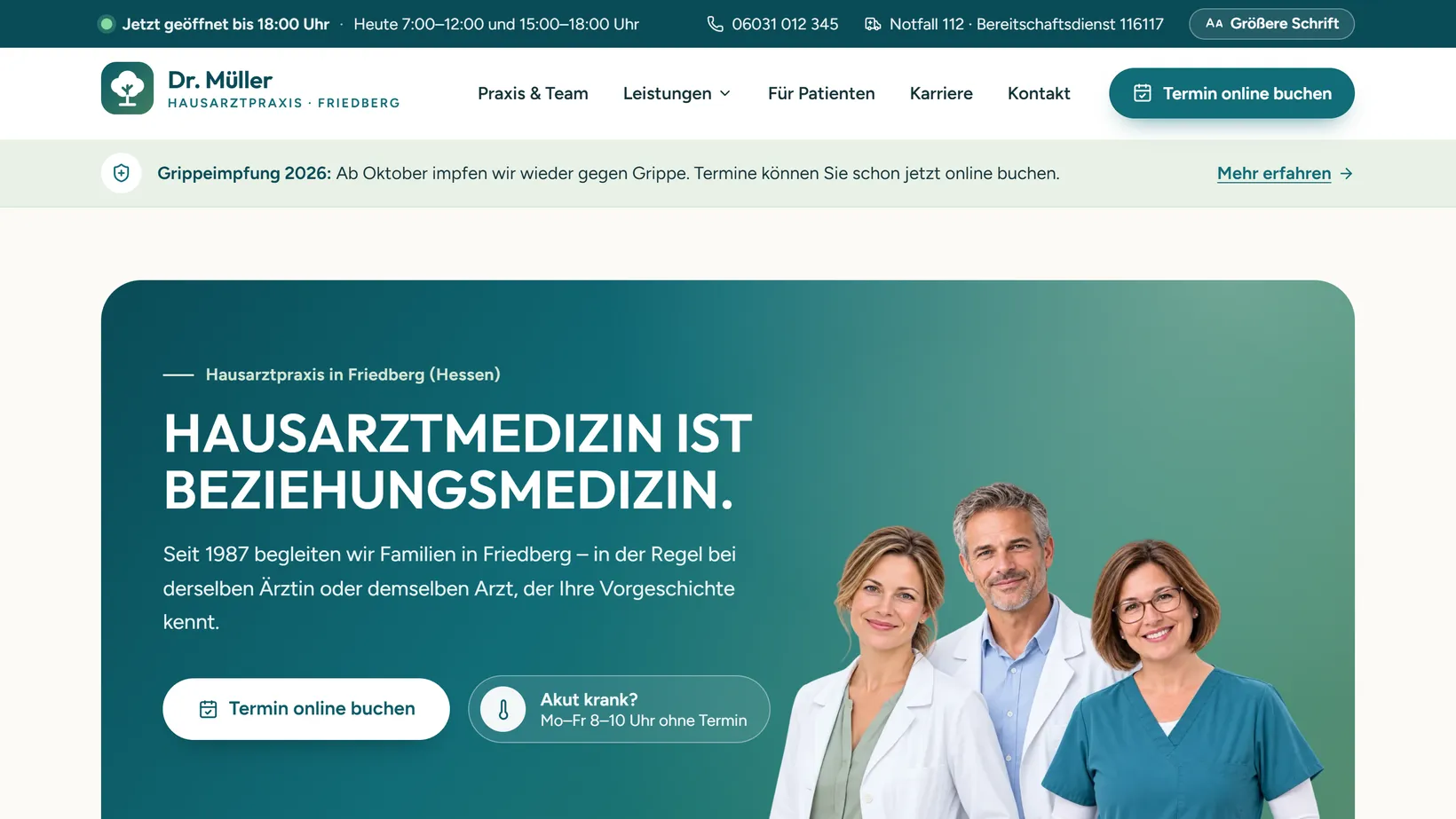 Desktop-Startseite des Designbeispiels Hausarztpraxis Dr. Müller