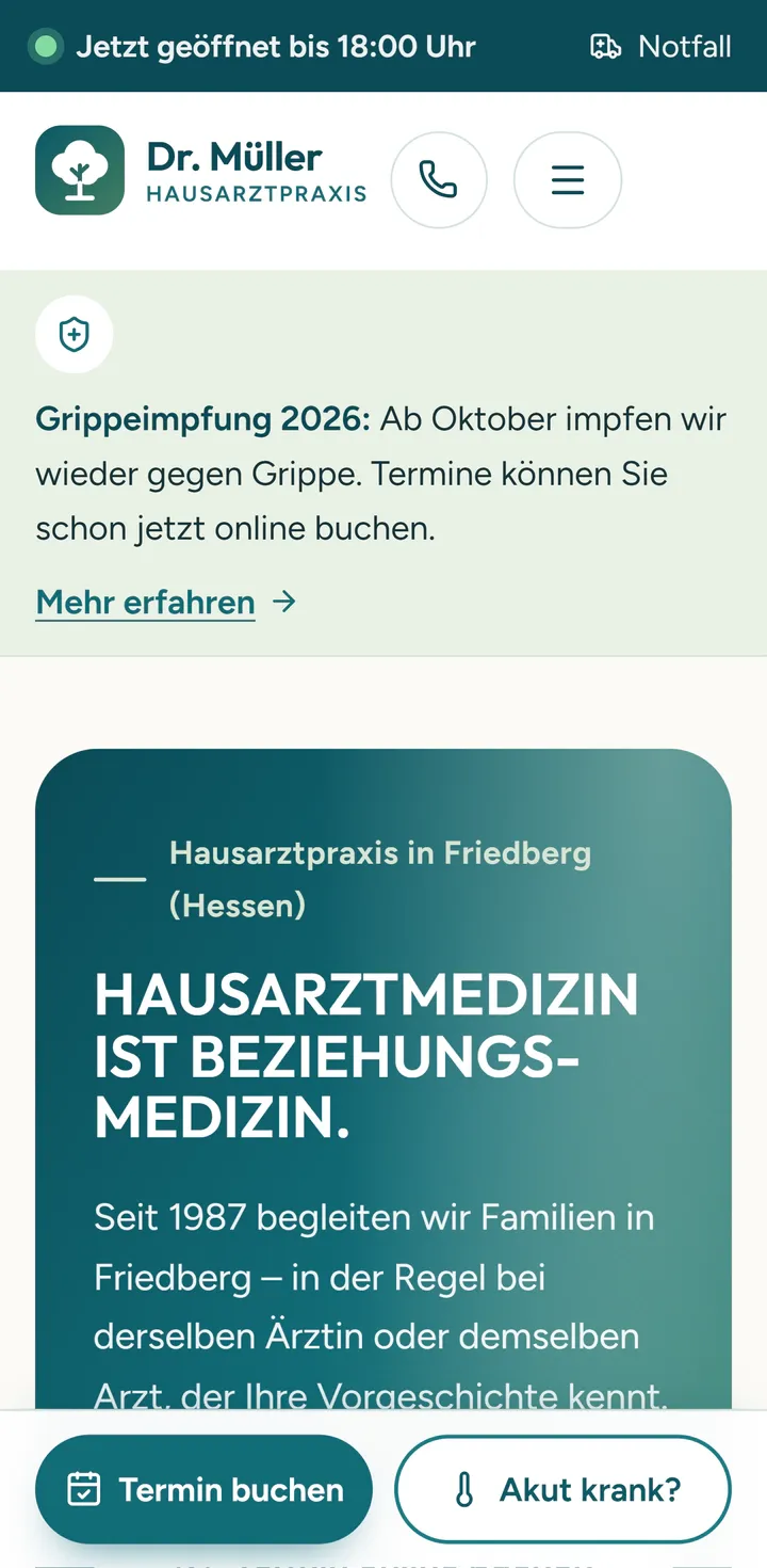 Mobile Startseite des Designbeispiels Hausarztpraxis Dr. Müller