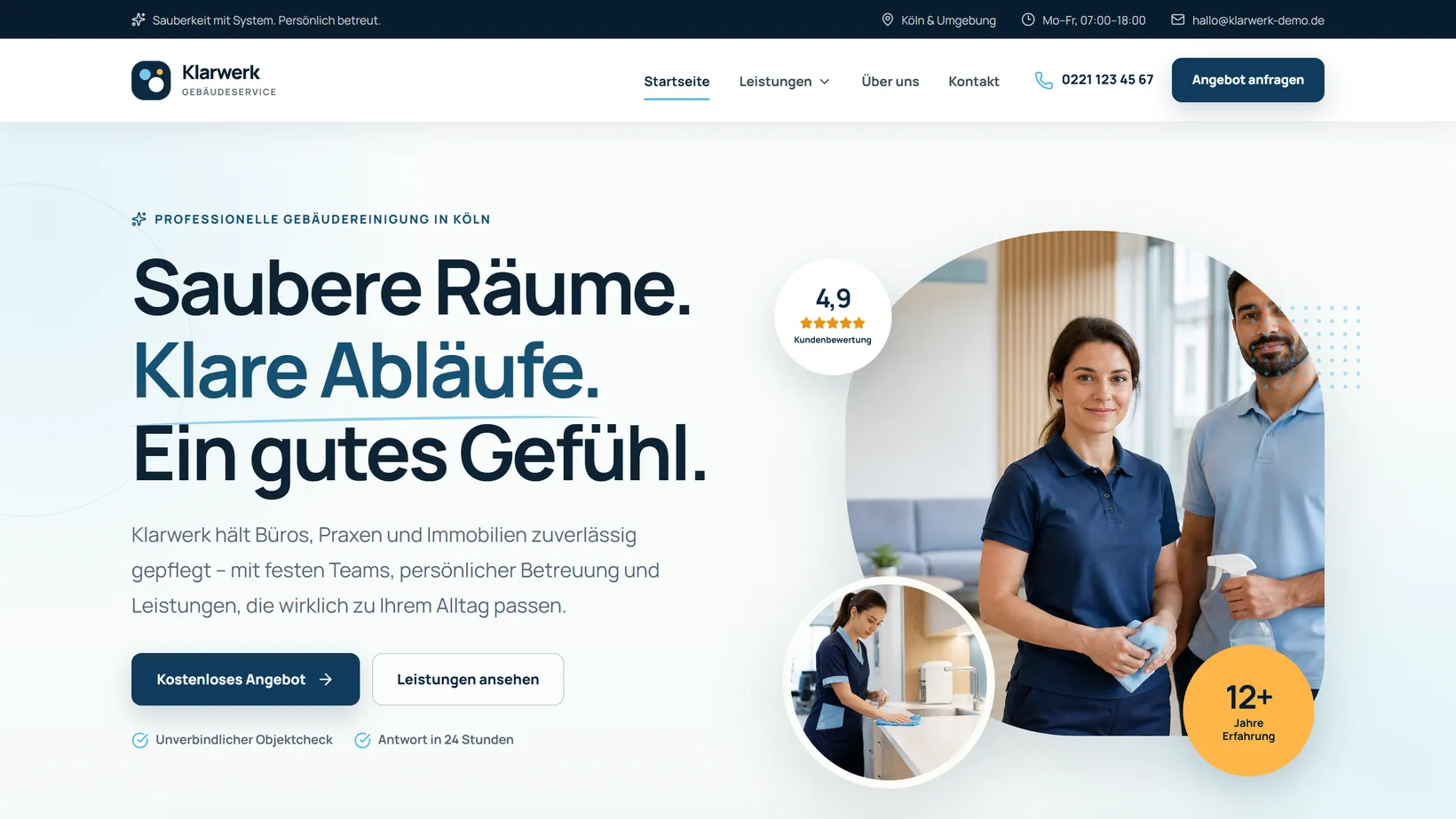 Demo-Entwurf einer Webseite für eine Gebäudereinigung mit Leistungsübersicht