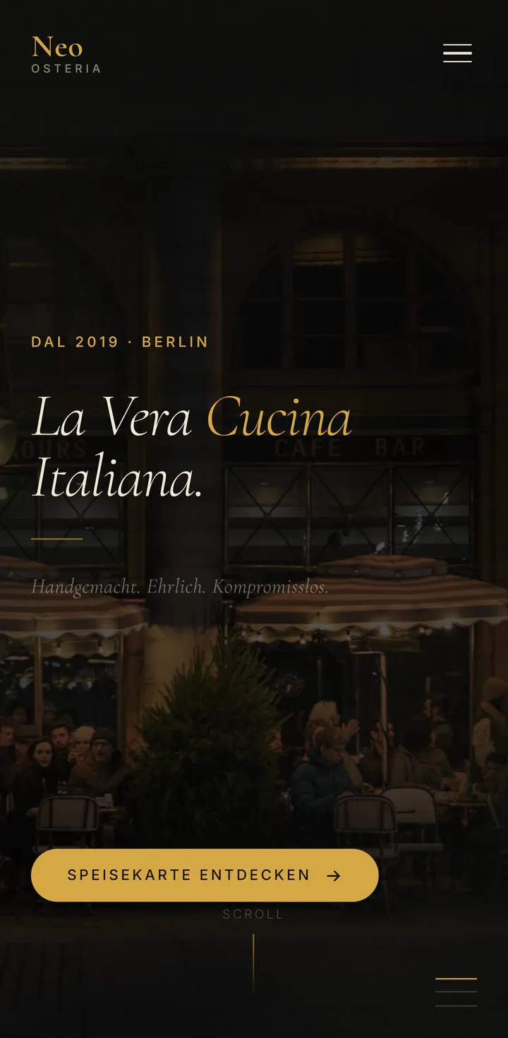 Mobile Startseite des Designbeispiels Neo Osteria