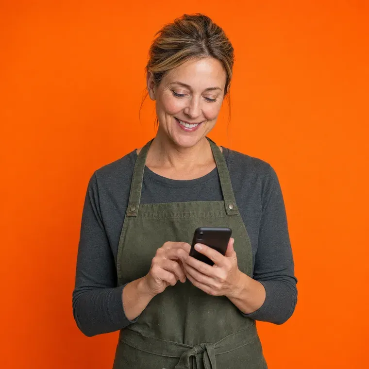 Betriebsinhaberin schreibt eine Nachricht auf dem Smartphone
